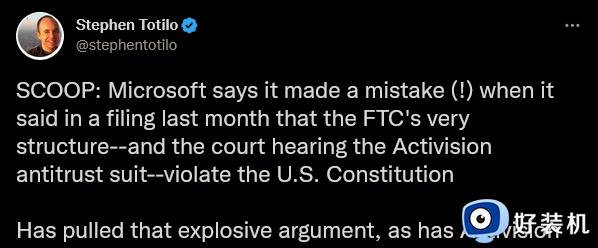 微软撤回称FTC违反美国宪法发言：犯了个错误
